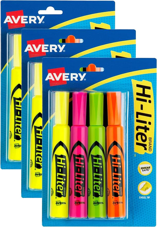 AVERY Hi-Liter Desk-Style Highlighters, Smear Safe Ink, Chisel Tip, 4 Assorted Color Highlighters (24063) (Pack of 3)