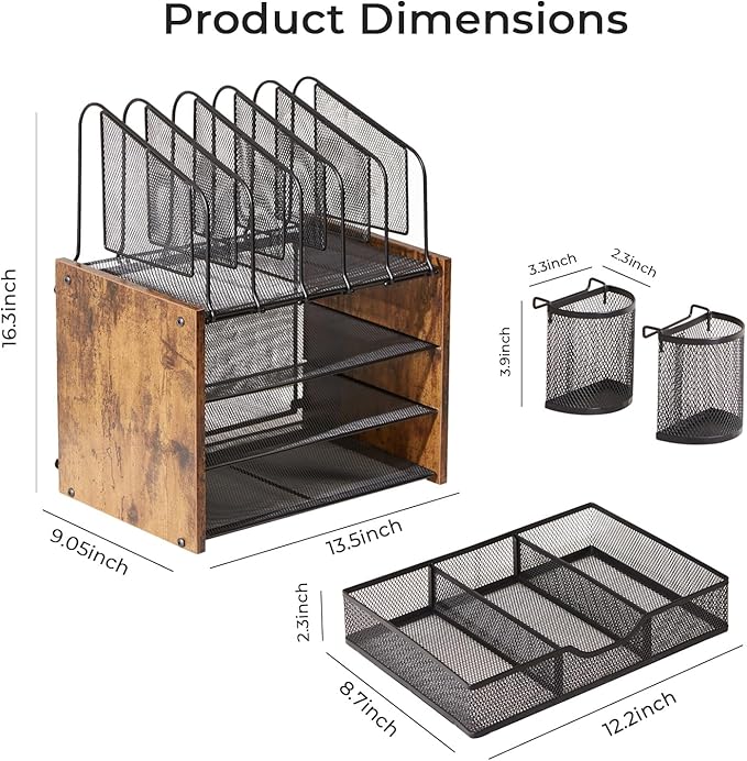4-Tier Desk Organizer with Drawer, Wooden Mesh File Organizer with 5 Vertical Sorters & 2 Pen Holders, Multi-Functional Desktop Organizer for Home, Office & School