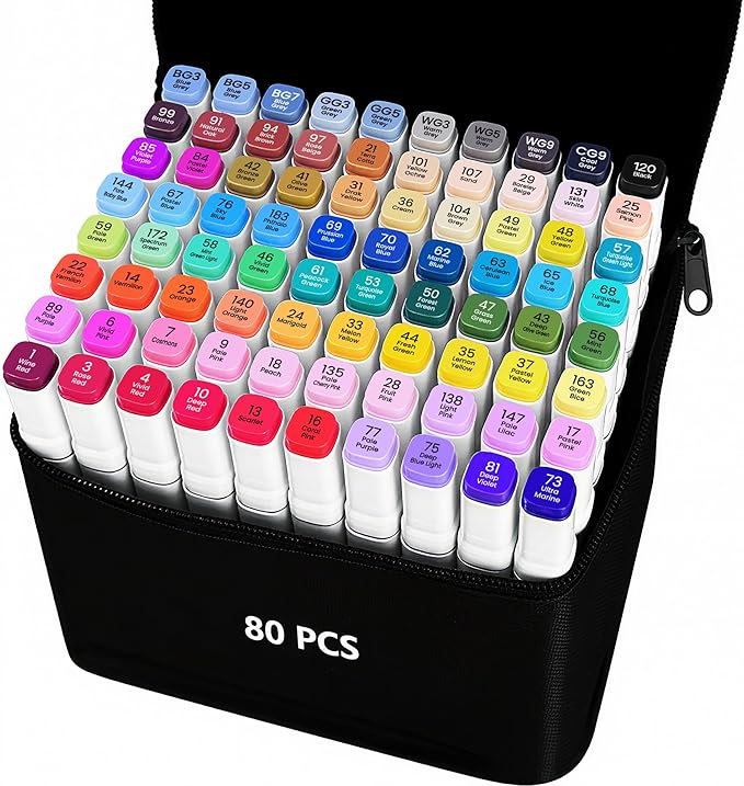 VIBEX 80 Colors Alcohol Markers with Base Dual Tip Drawing Markers for Adult and Kids Comics Coloring Sketching Illustration - Refillable (80 White)