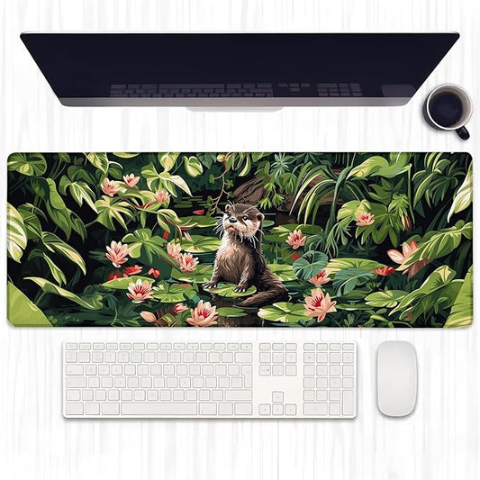 Tropical Otter Gaming Mouse Pad, Extended Cute Otters and Water Lilies Desk Mat Computer Laptop Mousepad, Robust Stitched Edges, 31.5"×11.8" Large Office Keyboard Mouse Pads for Desktop Decor