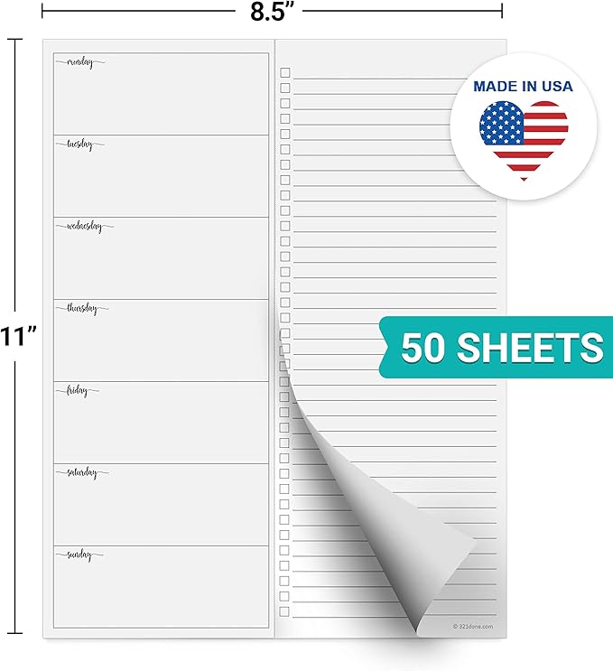 321Done Weekly Plan Checklist Notepad – 50 Sheets (8.5x11) - Large Letter - Made in USA - Two Column, Minimalist to-Do Planning Memo Pad, Simple Planner Schedule Inserts Monday Start