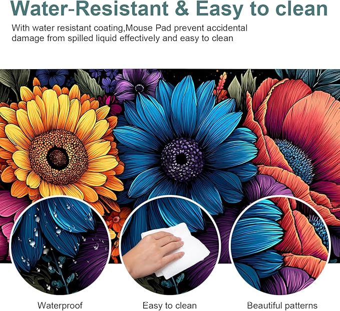Flowers Extended Gaming Mouse Pad 35.4x15.7Inch Large Desk Mat Anti-Slip Rubber Base & Durable Stitched Edges for Gamers Smooth Mouse Writing Surface for Desk Office/Home