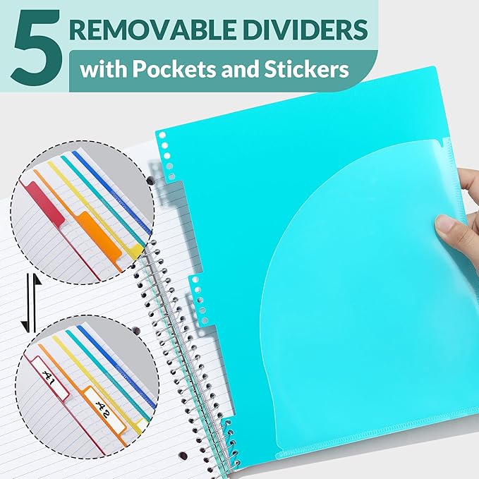 SUNEE 5 Subject Notebook College Ruled - 400 Pages, 9"x11", 5 Pocket Colored Dividers, 3-Hole Punched Paper, Teal