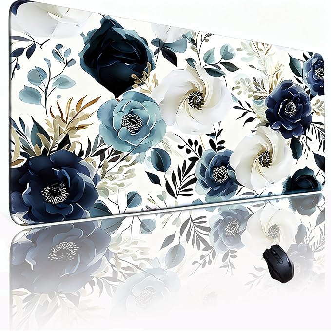 Blue Floral Mouse Pad 31.5x11.8 Inch, Large White Peony Flowers Desk Mat with Non-Slip Base, Micro-Woven Fabric, Stitched Edges for Office Computer