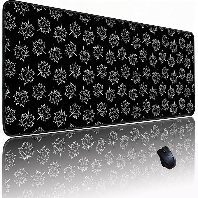 Black Maple Leafs Mouse pad 31.5×11.8in Suitable for Office Laptop Keyboard Desk mat, with Sewn Edges, Anti-Slip microwoven Fabric (Black Geometric Pattern)