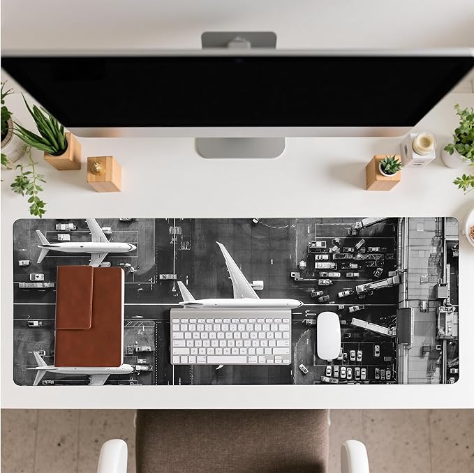 Extended Gaming Mouse Pad with Aircraft Airport Design - Large, Thick Rubber Desk Mat with Precision Locking Edge, Washable & Non-Slip Surface for Computer, Esports - Ideal Gift 31.5x11.8 in