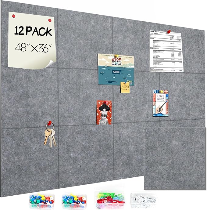 Large Cork Board for Walls 48"x36",12 Pack Felt Wall Tiles with 60 Pushpins,50 Safe Removable Adhesive Tabs,10 Hooks and Clips, Felt Bulletin Board Pin Board Tack Board for Office -Silver Gray