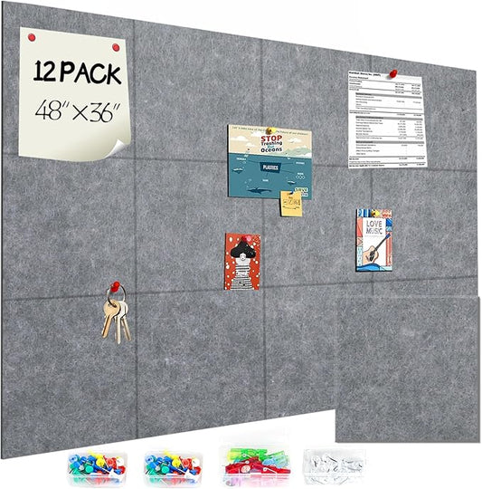 Large Cork Board for Walls 48"x36",12 Pack Felt Wall Tiles with 60 Pushpins,50 Safe Removable Adhesive Tabs,10 Hooks and Clips, Felt Bulletin Board Pin Board Tack Board for Office -Silver Gray