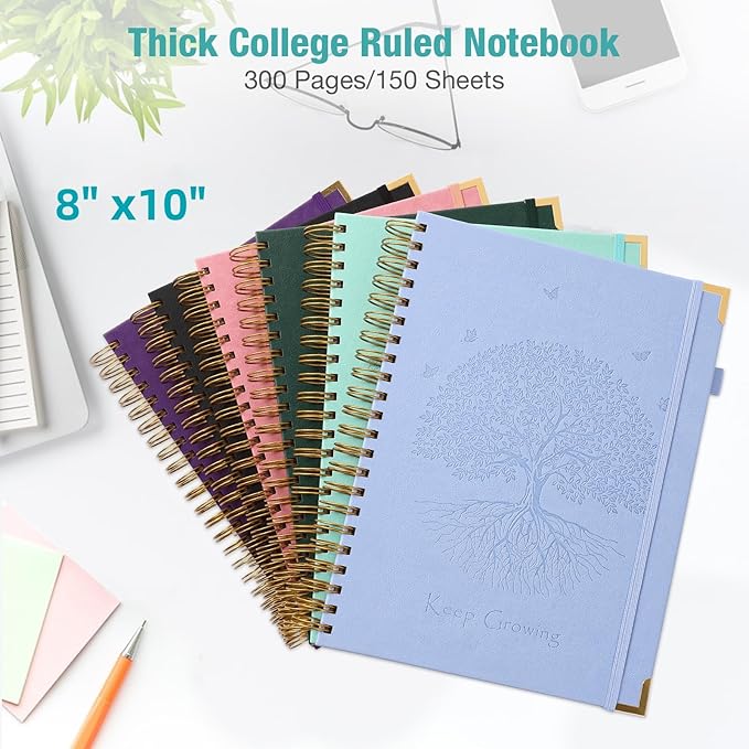 Spiral Notebook, College Ruled Notebook, 8" x 10", 300 Pages Leather Journals for Writing, B5 Hardcover Journaling Notebooks for Work School, 24pcs Tabs, Large Embossed Journal for Women Men, Purple