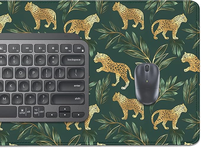 Leopard Desk Pad Mouse Pad,XL Extend Leaves Gold Mouse Mat with Stitched Edges for Gift,Non-Slip Rubber Base Mousepad for Office PC Keyboard Laptop and Home Work Desk Mat(31.5X11.8 in)