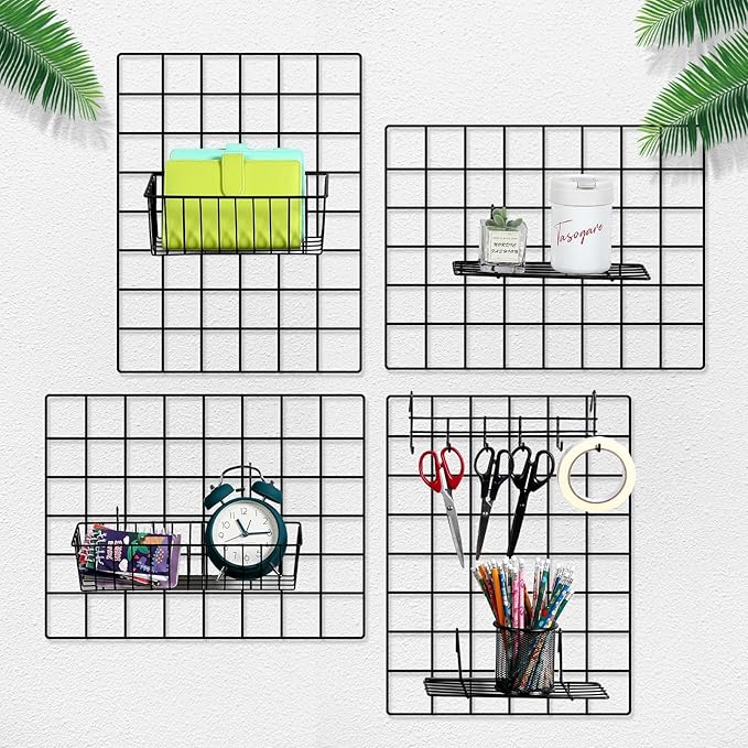 Fumete 9 Pcs Wall Grid Hanging Basket Shelf Hooks Set Includes 3 Basket 3 Wire Straight Shelf and 3 Hooks for Storage Display Organizer Grid Wall Accessories(Black)
