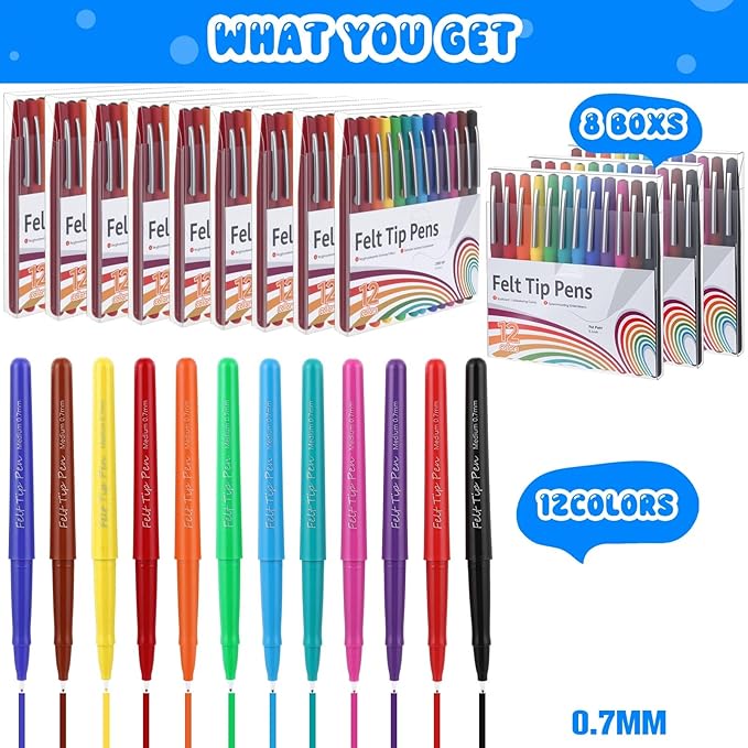 96 Pcs Felt Tip Pens 0.7mm Medium Point Felt Pen Bulk 12 Colors Markers Journal Planner for Teachers Journaling Writing Note Art Office Supplies