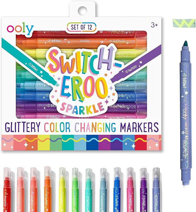 Ooly 12 Pack Sparkle Switch-eroo Color Changing Markers, Dual Tip Markers for Kids, Double Ended Chisel Tip Marker Set Great for Art Supplies, Drawing and Stationery Sets