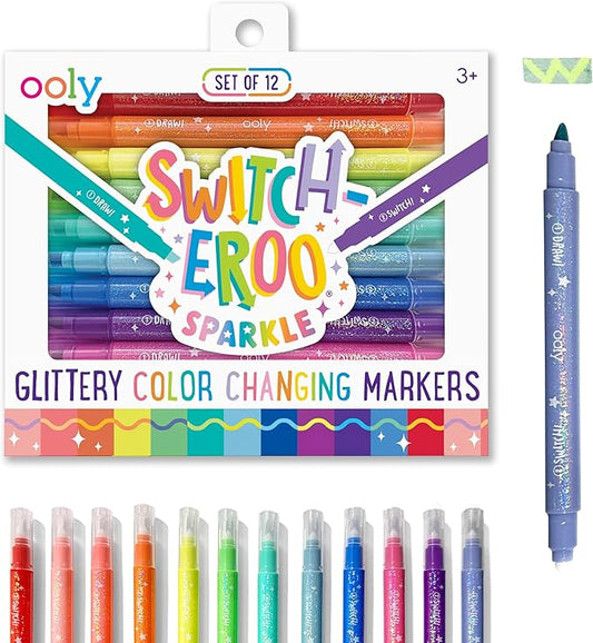 Ooly 12 Pack Sparkle Switch-eroo Color Changing Markers, Dual Tip Markers for Kids, Double Ended Chisel Tip Marker Set Great for Art Supplies, Drawing and Stationery Sets