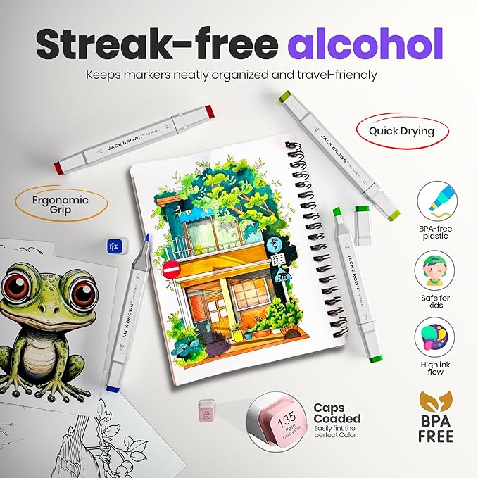 JACK BROWN 120 Colors Alcohol Markers Set with Fine & Chisel Dual Tip - Professional Art Markers for Adults & Kids, Perfect for Drawing, Sketching, Coloring & Animation - Includes Durable Marker Case