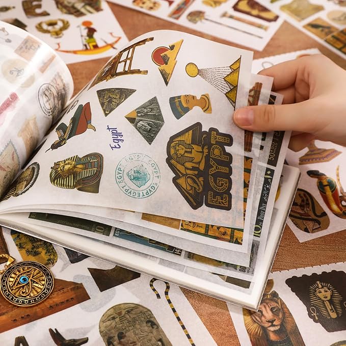 Pre-Cut Vintage Stickers for Journaling, 500+ Scrapbook Stickers and 20 A5 Scrapbook Papers, Retro Egypt Theme Aesthetic Washi Sticker Book for Adults, Ephemera for Junk Journal Supplies DIY Crafts