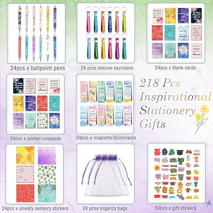 Pasimy 218 Pcs Inspirational Stationery Gifts Motivational Mini Notepad Pen Quote Bookmarks Stress Relief Stickers Inspiring Silicone Keychains for Home Office Appreciation Gift(Plant)