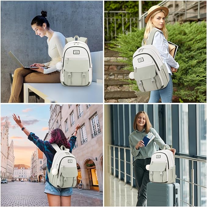 School Backpack for Teen Girls, Cute College Backpacks for Women Students Aesthetic Bookbag Large 15.6 Inch Laptop Bag Middle School Travel Back Pack (Beige-Green-Dark Olive Green)