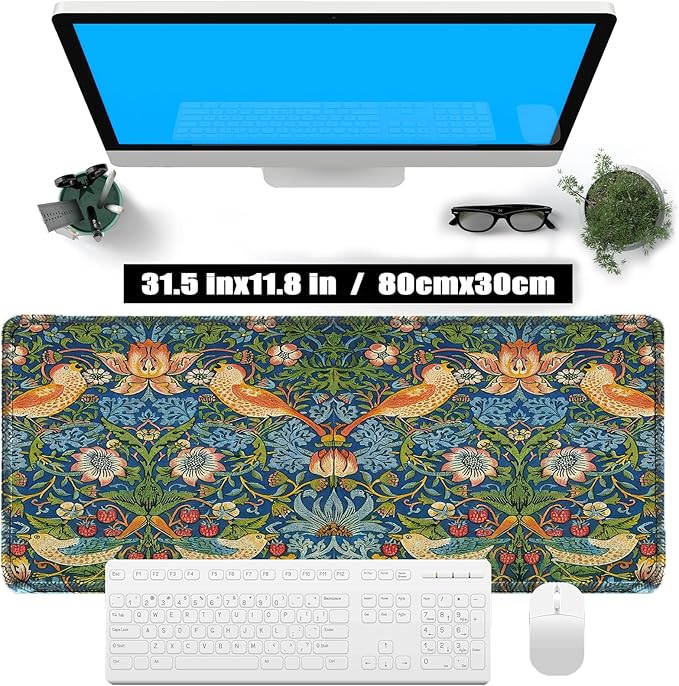 William Morris Mouse Pad, Large The Strawberry Thief Desk Mat with Famous Flower-and-Bird Art, Micro-Woven Fabric and Sewn Edge, for Office and Laptop Use, 31.5 x 11.8 Inches