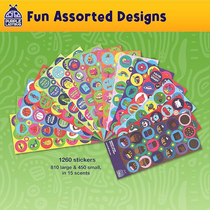 Purple Ladybug 1260 Variety Scratch and Sniff Stickers - 15 Unique Scents - Fun and Motivational Rewards for Kids and Teachers Must Haves, Smelly Sticker for Classroom, & Back to School Gift
