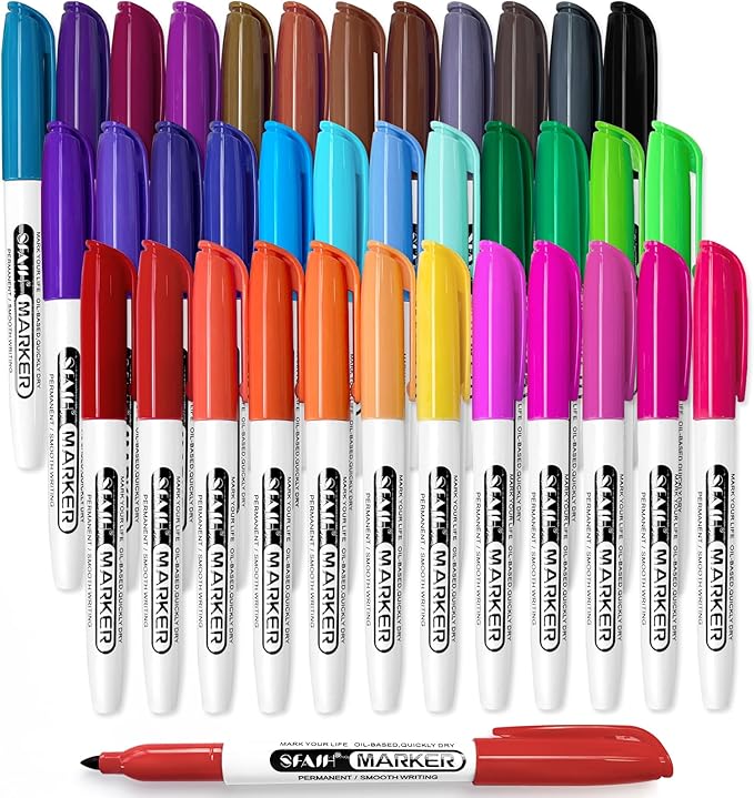 SFAIH Permanent Markers - 36 Vibrant Colors, Quick Drying, Fade Resistant, Alcohol-Based Fine Tip Permanent Markers for Paper, Plastic, Wood, Coloring, Drawing Doodling, Waterproof