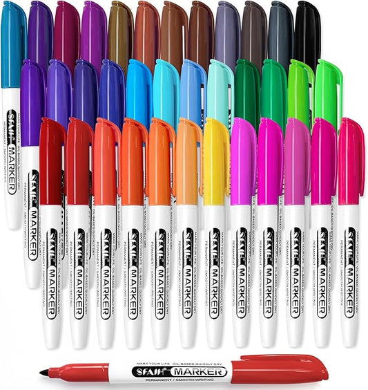 SFAIH Permanent Markers - 36 Vibrant Colors, Quick Drying, Fade Resistant, Alcohol-Based Fine Tip Permanent Markers for Paper, Plastic, Wood, Coloring, Drawing Doodling, Waterproof