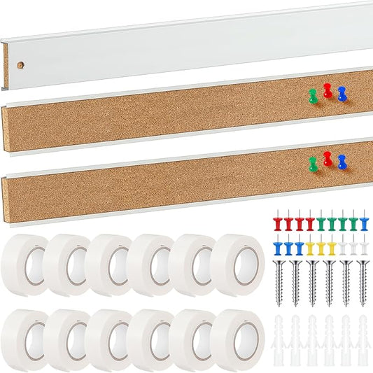 3 Pcs 72'' x 2" Cork Board Strip for Wall - Bulletin Bar Tack Board With Aluminum Trim - Brown Cork Strips for Classroom, Office Walls, Cubicle