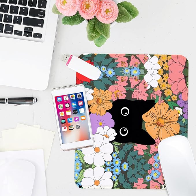 Black Cat Square Mouse Pad,Non-Slip Rubber Base Mouse Pad,Home Office Decoration Desktop Accessory,Laptop Mouse Pad for Office Laptops,9.4x7.8x0.12inch 4