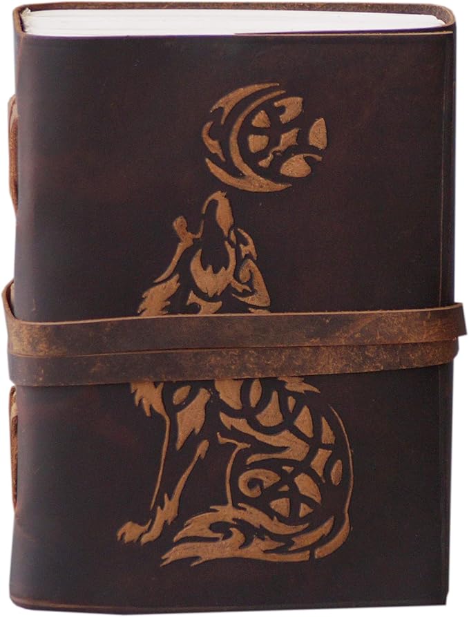 Wolf Leather Journal Book of Shadows Notebook Handmade Daily Notepads for Men & Women Blank Paper 7x5 Inches - Best Gift for Art Sketchbook, Notebook Wolf Lovers Unique Gifts For Mom ,Sister Gifts for Wife her ,Wolf Stuff Gifts for Men Women (Brown)