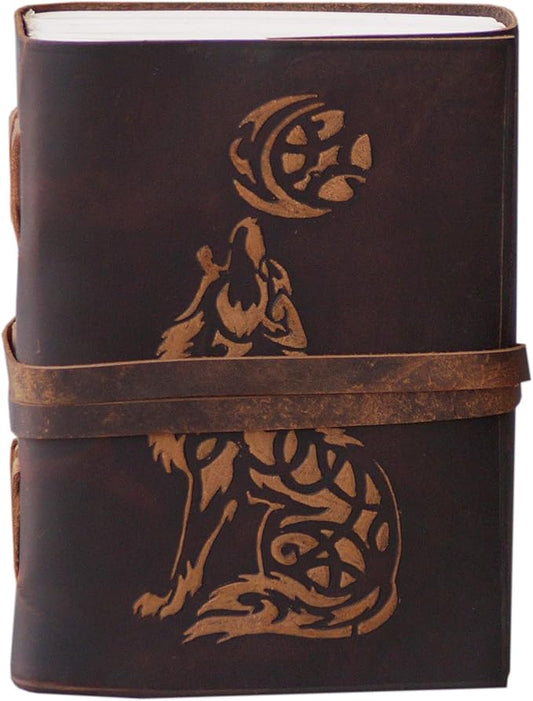 Wolf Leather Journal Book of Shadows Notebook Handmade Daily Notepads for Men & Women Blank Paper 7x5 Inches - Best Gift for Art Sketchbook, Notebook Wolf Lovers Unique Gifts For Mom ,Sister Gifts for Wife her ,Wolf Stuff Gifts for Men Women (Brown)