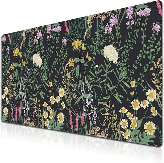 Pc Mouse Pad Black Computer Desk Pad, Large Desk Pads Gaming Desk Mat, Large Mouse Pads Non-Slip Rubber Base Waterproof with Stitched Edges, 35.4" X 15.7" for Work/Game/Office Colorful Flower