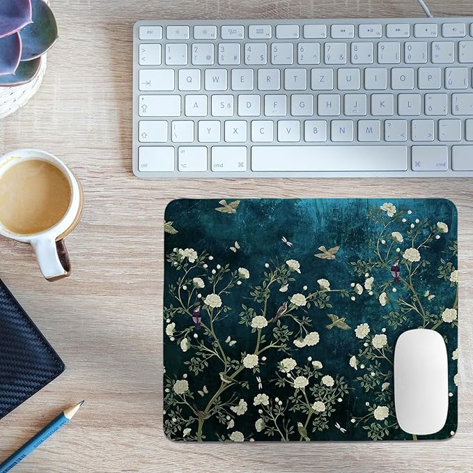 Blue Chinoiserie Mouse Pad,Cherry Blossom Bird Desk Mat,Vintage Spring Floral Mouse Pad,Dark Greens Floral Mousepad,Girly Laptop Desk Mat for Dorm Home Office Decor,10.2x8.2 Inch