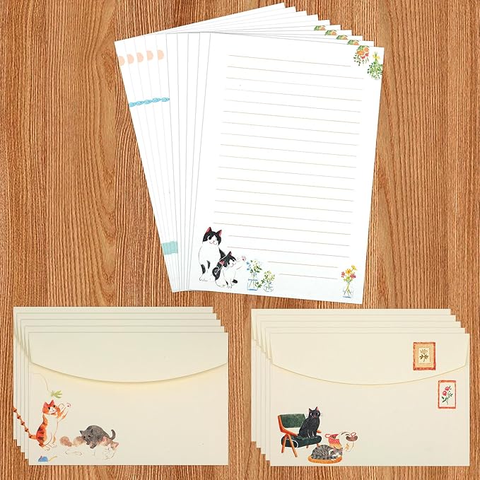 Cute Cat Stationery Set 12 PCS Vintage Letter Paper Writing Kit Personalized Stationary Paper and 6PCS Envelopes Set for Women,Pen Pal Supplies Business Papers Handwriting Holiday Greetings