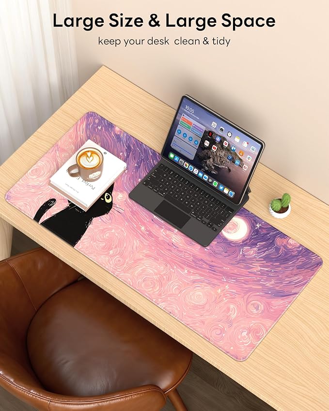 XL Gaming Mouse Pad, 31.5x17.5'' Large Desk Mat with Anti-Slip Rubber Base & Stitched Edges for Gaming, Office, Home - Van Gogh Cat