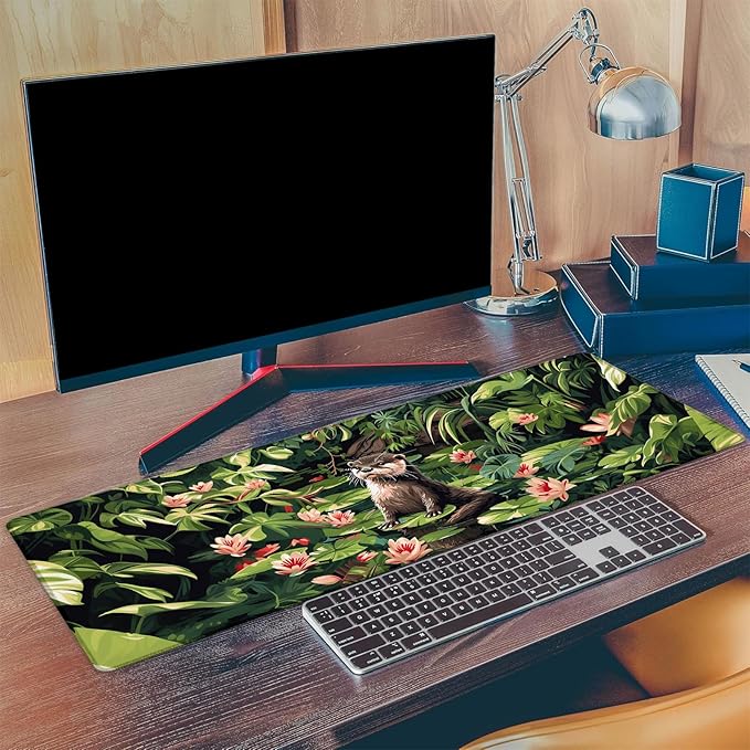 Tropical Otter Gaming Mouse Pad, Extended Cute Otters and Water Lilies Desk Mat Computer Laptop Mousepad, Robust Stitched Edges, 31.5"×11.8" Large Office Keyboard Mouse Pads for Desktop Decor