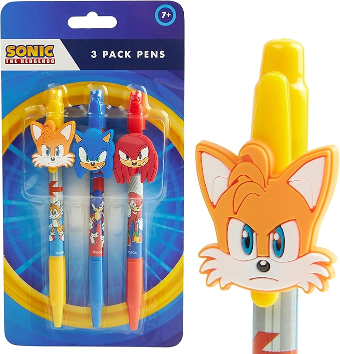 Sonic The Hedgehog Pens for Kids Pack of 3 Ballpoint Pens Blue Ink for Boys with Character Toppers Cute School Supplies Gamer Gifts for Kids