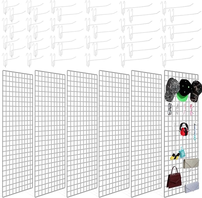 Hicarer 6 Pcs Commercial Grade Gridwall Panels for Display, Heavy Duty Wire Grid Wall Display Rack Metal Wall Mount Grid with 60 White Hooks for Retail Display Home Storage Vendor Events(2 x 5 ft)