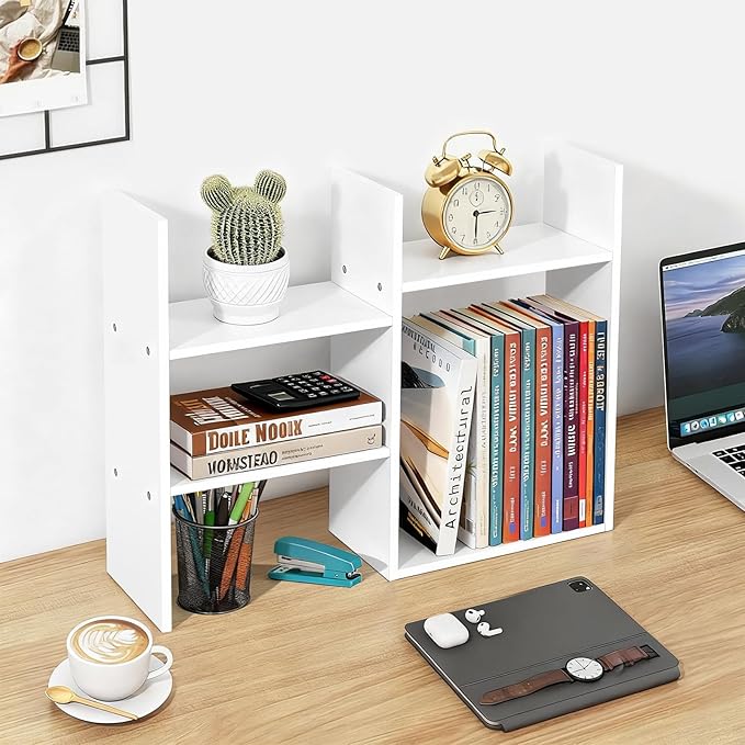 White Desktop Shelf Organizer for Top of Desk - Wood Desk Hutch for Dorm Room Essentials & Home Office - Small Tabletop Bookshelf for Storage & Decor Display