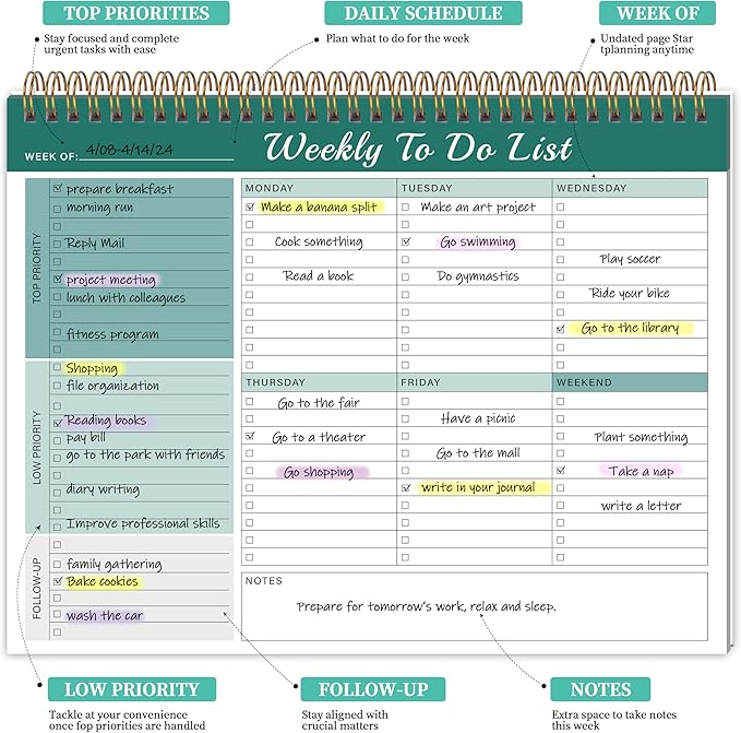 Kamoy Weekly To Do List Notepad with 52 Undated Sheets（8.5"×11"）- Undated Weekly Desk Planner Organizer for Work Home School Office Supplies