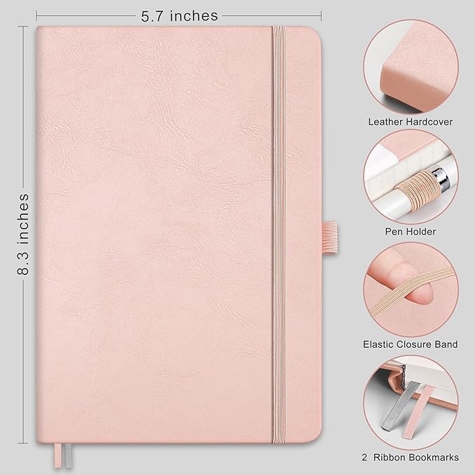 RETTACY Dotted Journal Notebook, 192 Pages, A5 Medium Size (5.7'' x 8.3''), Leather Hardcover, 100 GSM Thick Paper, for Bullet Journaling, Planning, Tracking (Rose Gold)