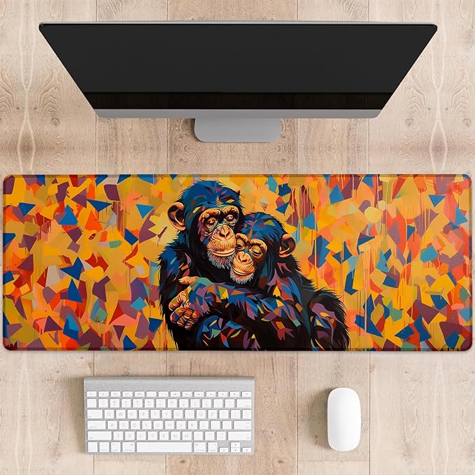 Colorful Chimpanzee Gaming Mouse Pad, Cute Monkeys Hugging Large Desk Mat for Computer, Extended Keyboard Laptop Mouse Pads 31.5×11.8in, Non Slip Rubber Mousepad for Office Decor Gifts