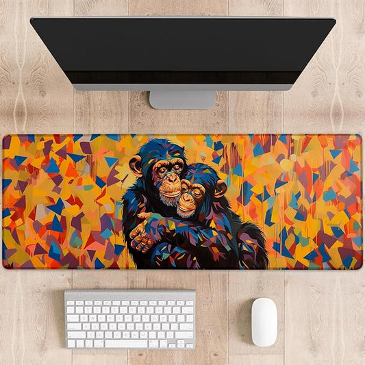 Colorful Chimpanzee Gaming Mouse Pad, Cute Monkeys Hugging Large Desk Mat for Computer, Extended Keyboard Laptop Mouse Pads 31.5×11.8in, Non Slip Rubber Mousepad for Office Decor Gifts
