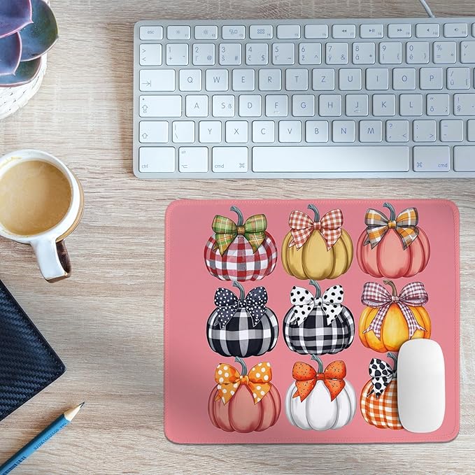 Coquette Pumpkin Mouse Pad,Cute Fall Autumn Pumpkin Mouse Pads,Pink Bow Girly Desk Mat for Home Office Dorm Desktop Decor,10.2x8.2 Inch