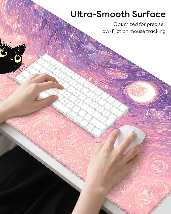 XL Gaming Mouse Pad, 31.5x17.5'' Large Desk Mat with Anti-Slip Rubber Base & Stitched Edges for Gaming, Office, Home - Van Gogh Cat