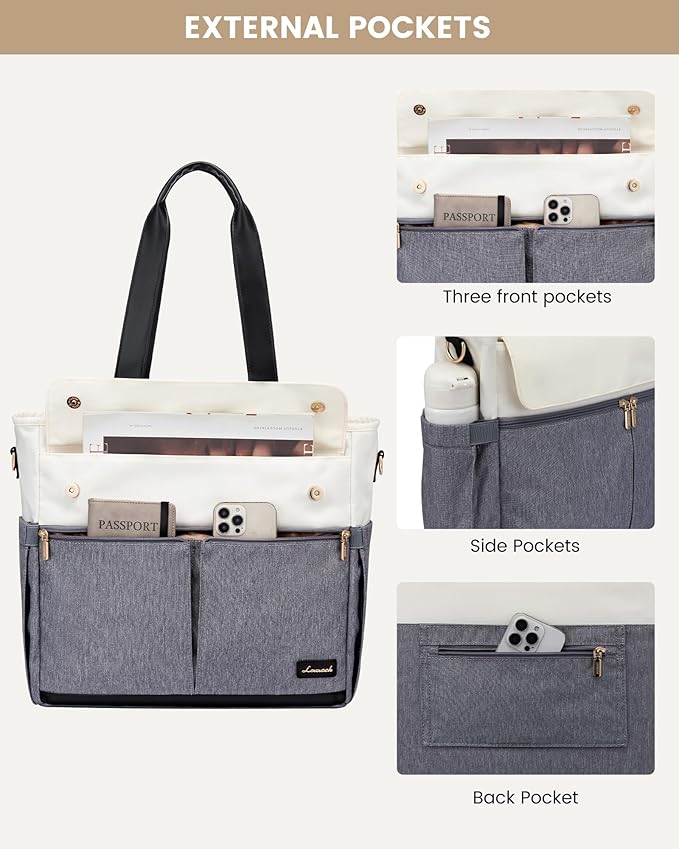 LOVEVOOK Laptop Bag for Women 15.6 Inch Canvas Laptop Large Capacity Work Bags Mutiple Pockets Teacher Bag Water Resistant Computer Bags for Business Travel Nurse, Gray Beige