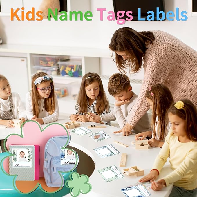 Starboling Kids Name Tags,48 Pcs Adhesive Desk Nameplates,Photo Name Tags Sticker for Classroom Student School Supplies,Name Tag Stickers Classroom Decor Name Stickers（Eucalyptus Photo Name Sticker）