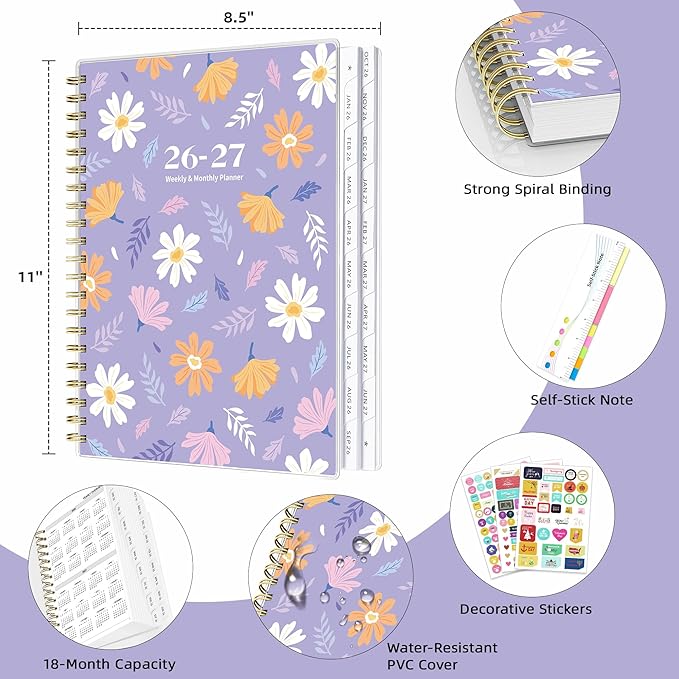 Ospelelf 2026 2027 Planner Weekly and Monthly Calendar Spiral Bound, A4 Office Supplies For Women & Men, 18 Months PVC Cover Life Planners with Stickers Lilac Daisy