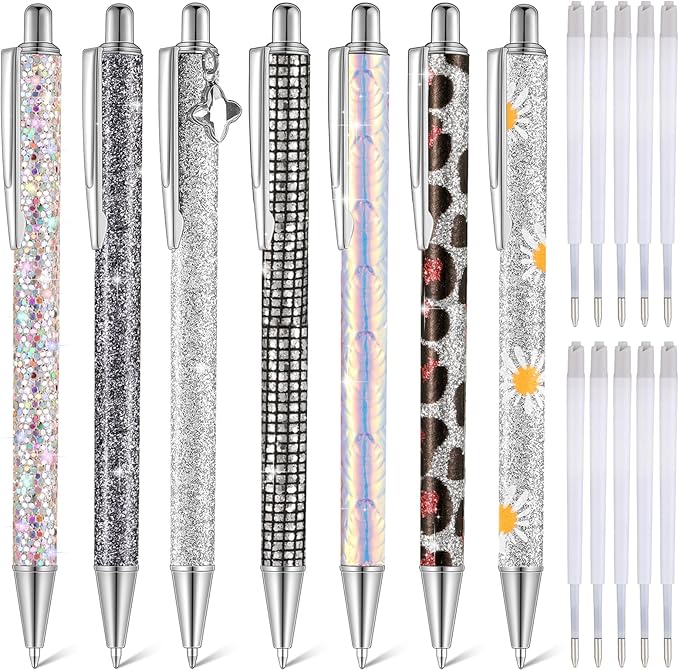Sherr 7 Pcs Fancy Pens for Women Cute Sparkly Glitter Pens with 10 Pcs Black Ink Refills Pretty Gifts for Girls Office School Christmas Graduation(Bright)