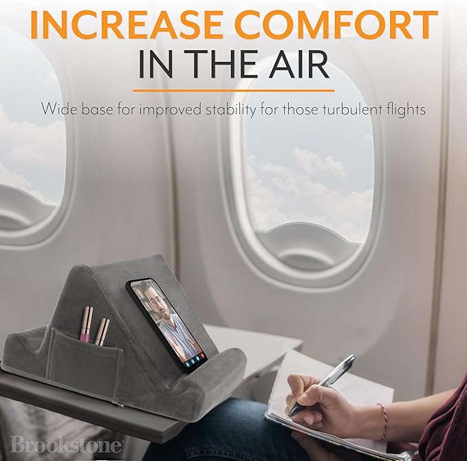 Brookstone Tablet Lap Cushion - Tablet and Phone Holder for Bed, Flights, and Travel, Two Angled Memory Foam Lap Desk for Reading and Hands Free Viewing, Compatible iPad and Kindle Accessories, Grey