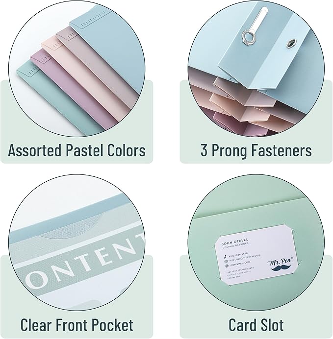 Mr. Pen- Plastic Folders with Pockets and Prongs, 10 Pack, Letter Size, Assorted Pastel Colors, Flexible Plastic Folders with Prongs, Clear Front Pocket, Card Slot & Color-Coded Cover Papers